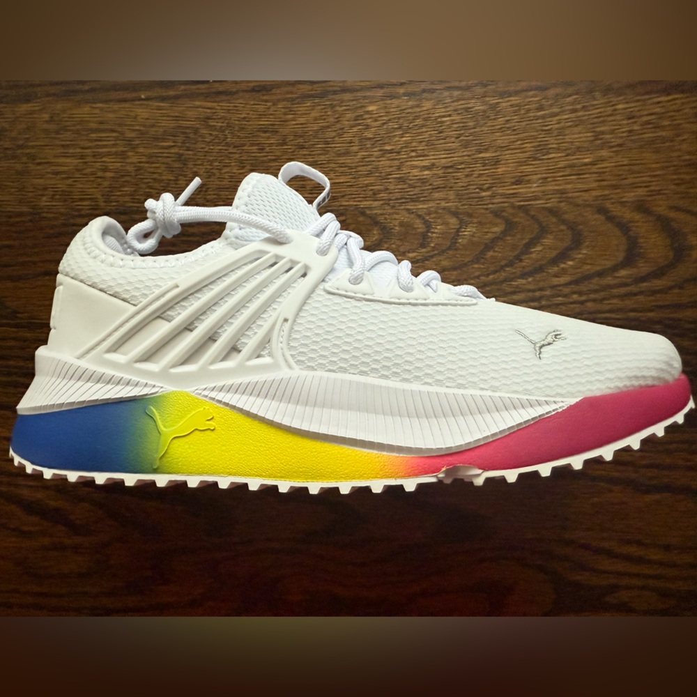 Puma White Athletic Shoes with Blue Yellow Pink Gradient Sole no box